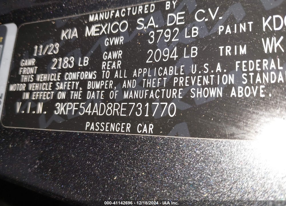 2024 KIA FORTE GT LINE VIN: 3KPF54AD8RE731770