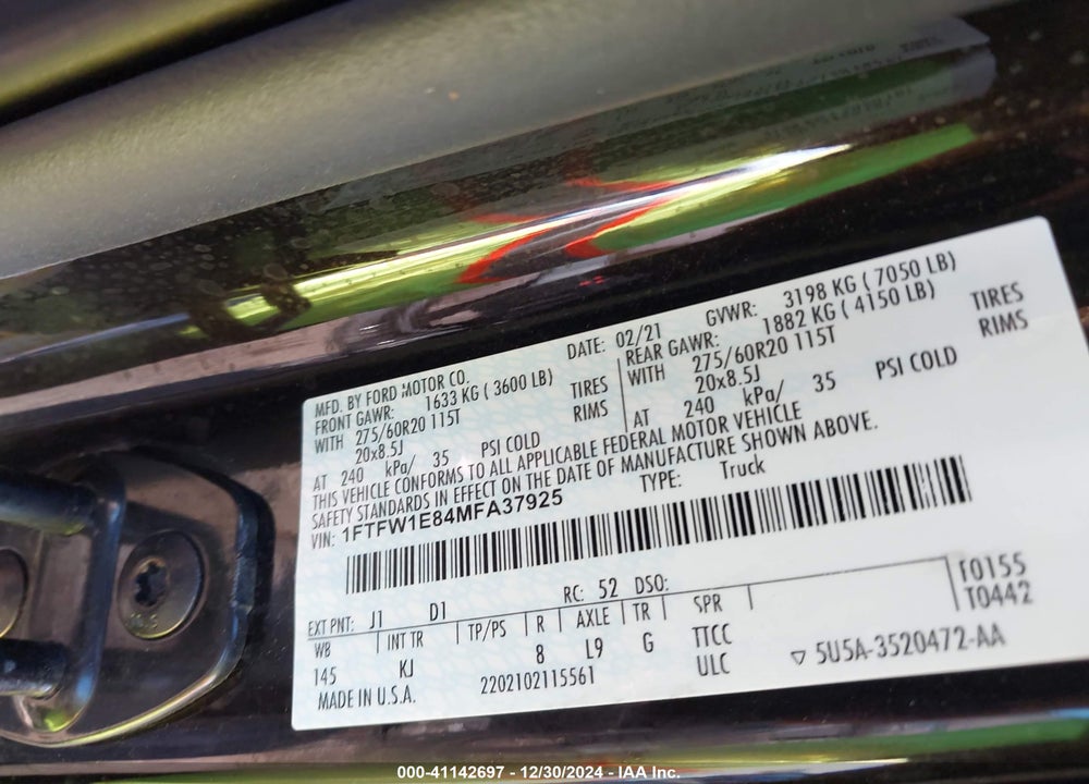 2021 FORD F150 VIN: 1FTFW1E84MFA37925