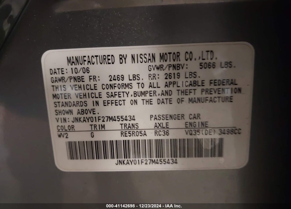 2007 INFINITI M35X VIN: JNKAY01F27M455434
