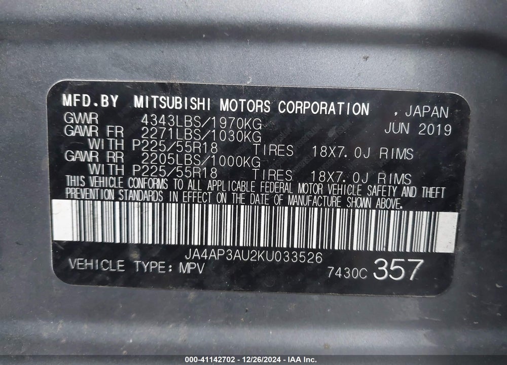 2019 MITSUBISHI OUTLANDER SPORT 2.0 ES VIN: JA4AP3AU2KU033526