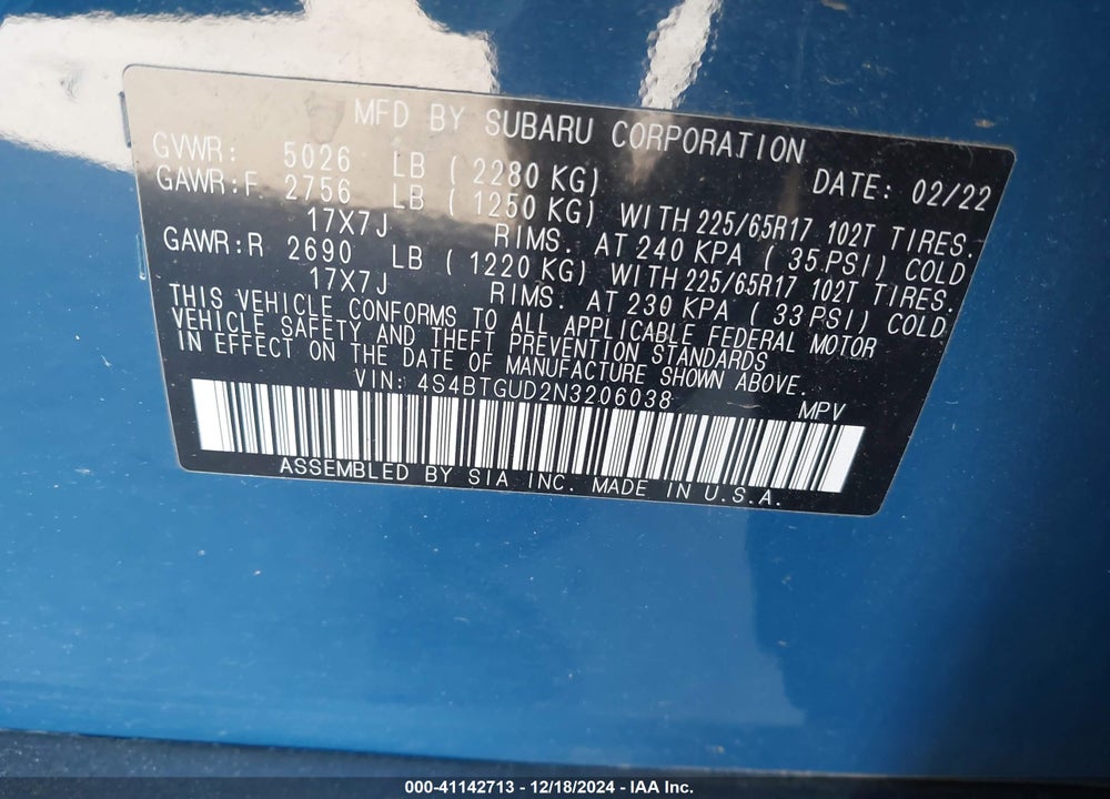 2022 SUBARU OUTBACK WILDERNESS VIN: 4S4BTGUD2N3206038