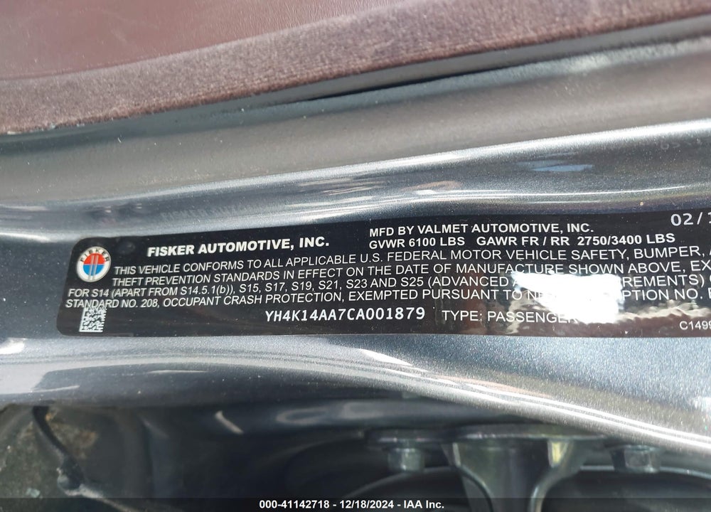 2012 FISKER KARMA VIN: YH4K14AA7CA001879