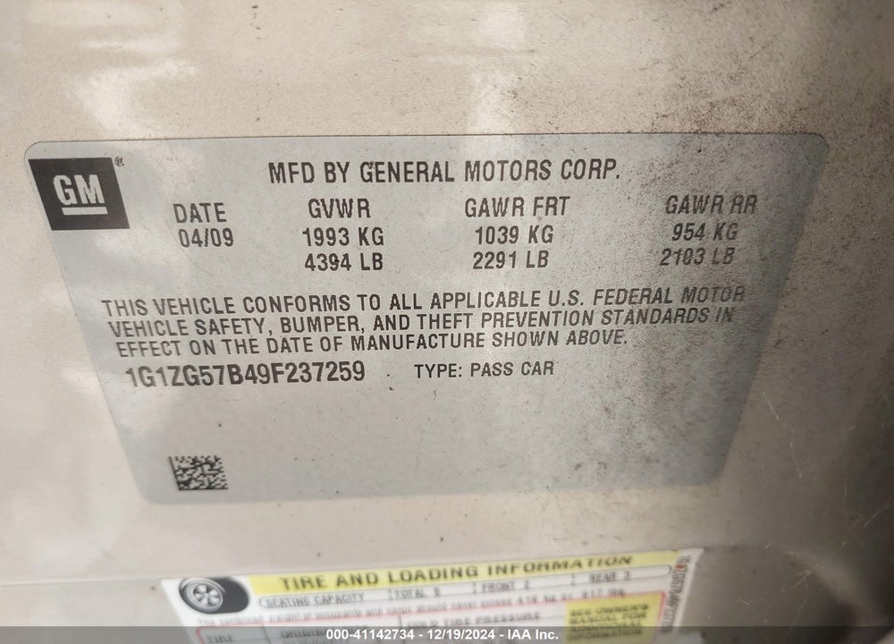 2009 CHEVROLET MALIBU LS VIN: 1G1ZG57B49F237259