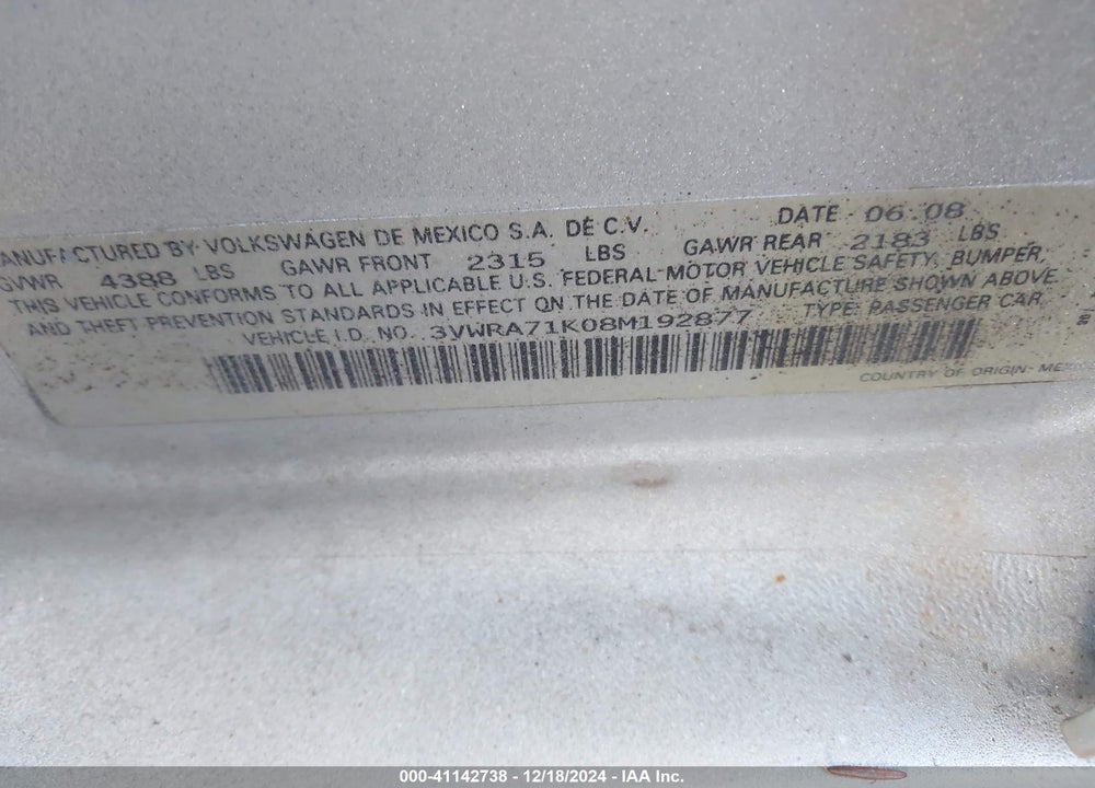 2008 VOLKSWAGEN JETTA WOLFSBURG EDITION VIN: 3VWRA71K08M192877