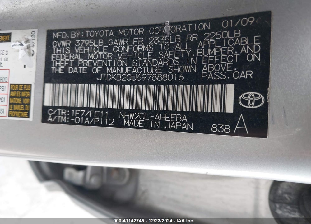 2009 TOYOTA PRIUS VIN: JTDKB20U697888016
