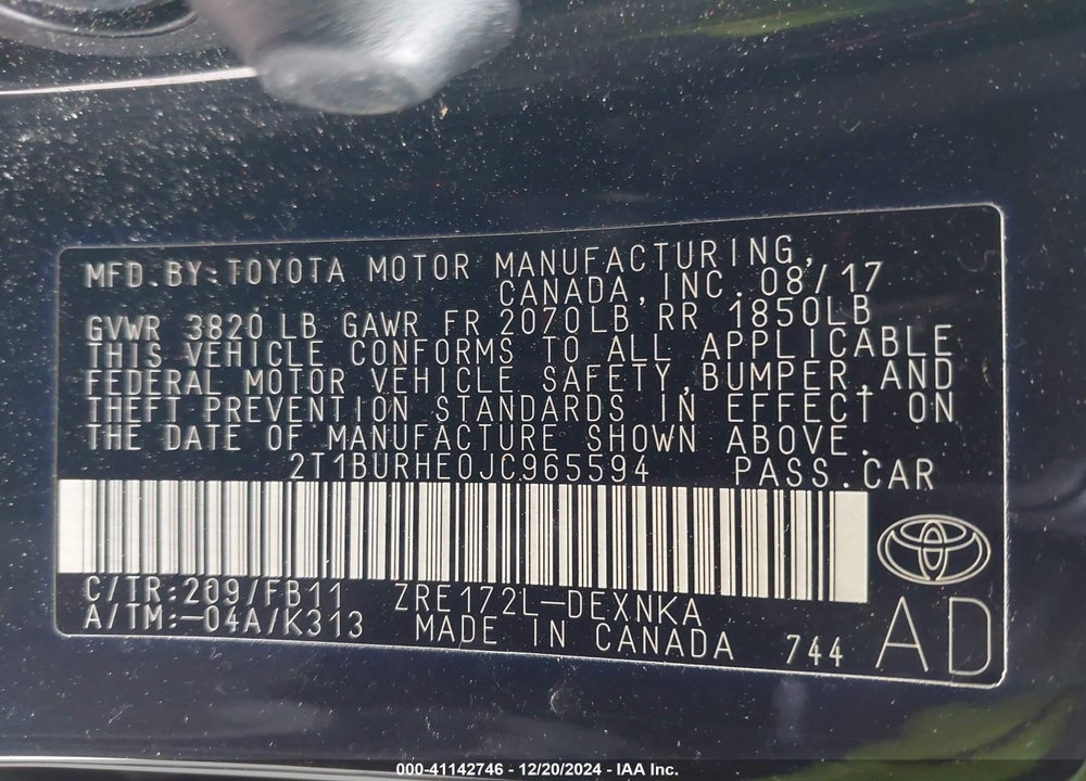 2018 TOYOTA COROLLA VIN: 2T1BURHE0JC965594