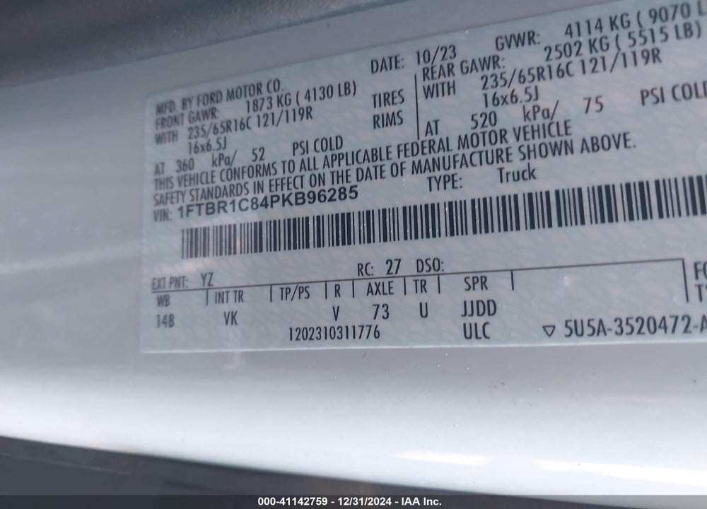 2023 FORD TRANSIT-250 VIN: 1FTBR1C84PKB96285
