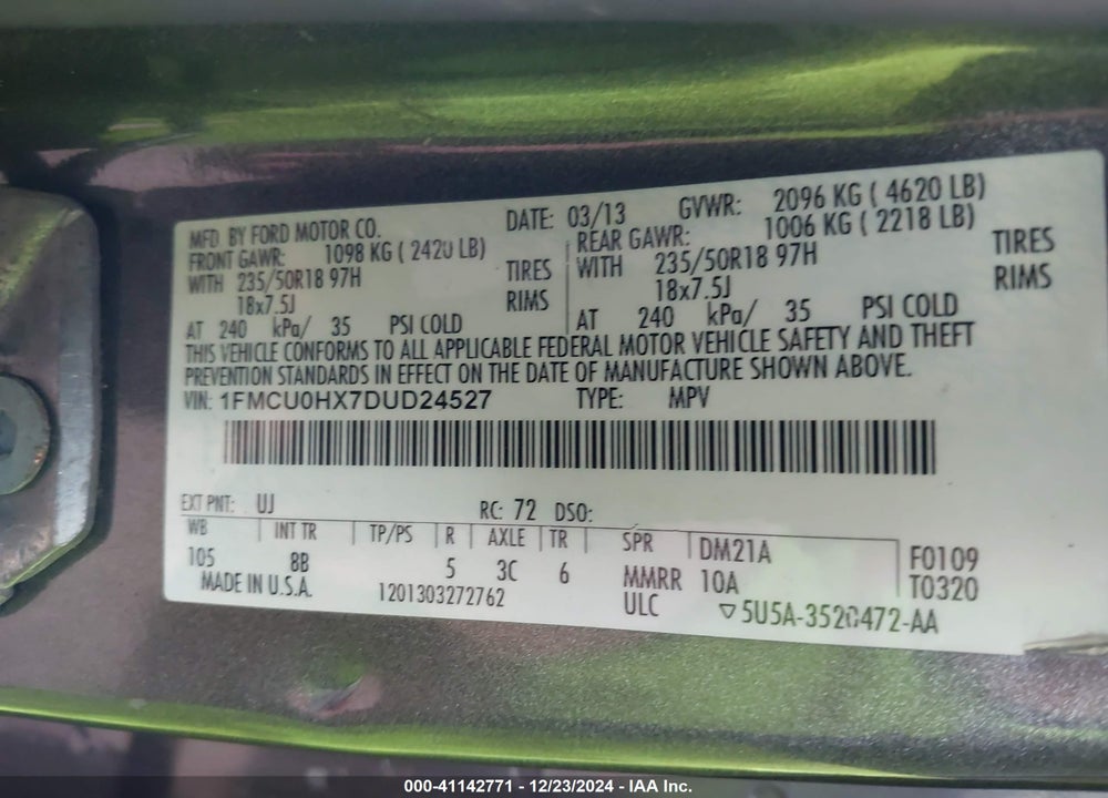 2013 FORD ESCAPE SEL VIN: 1FMCU0HX7DUD24527