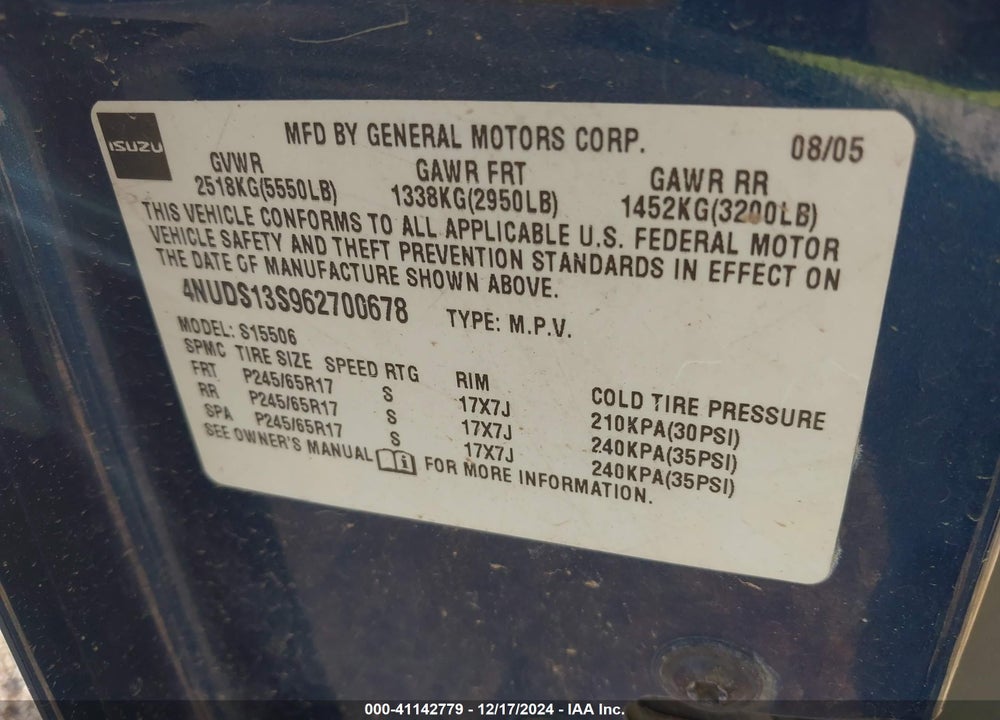 2006 ISUZU ASCENDER S VIN: 4NUDS13S962700678