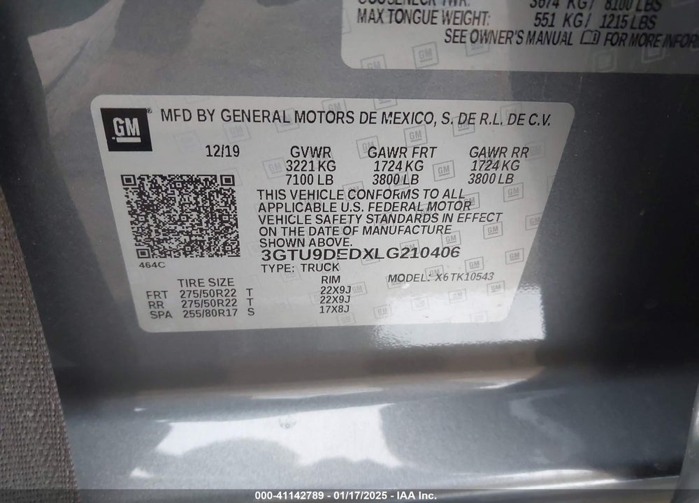 2020 GMC SIERRA VIN: 3GTU9DEDXLG210406