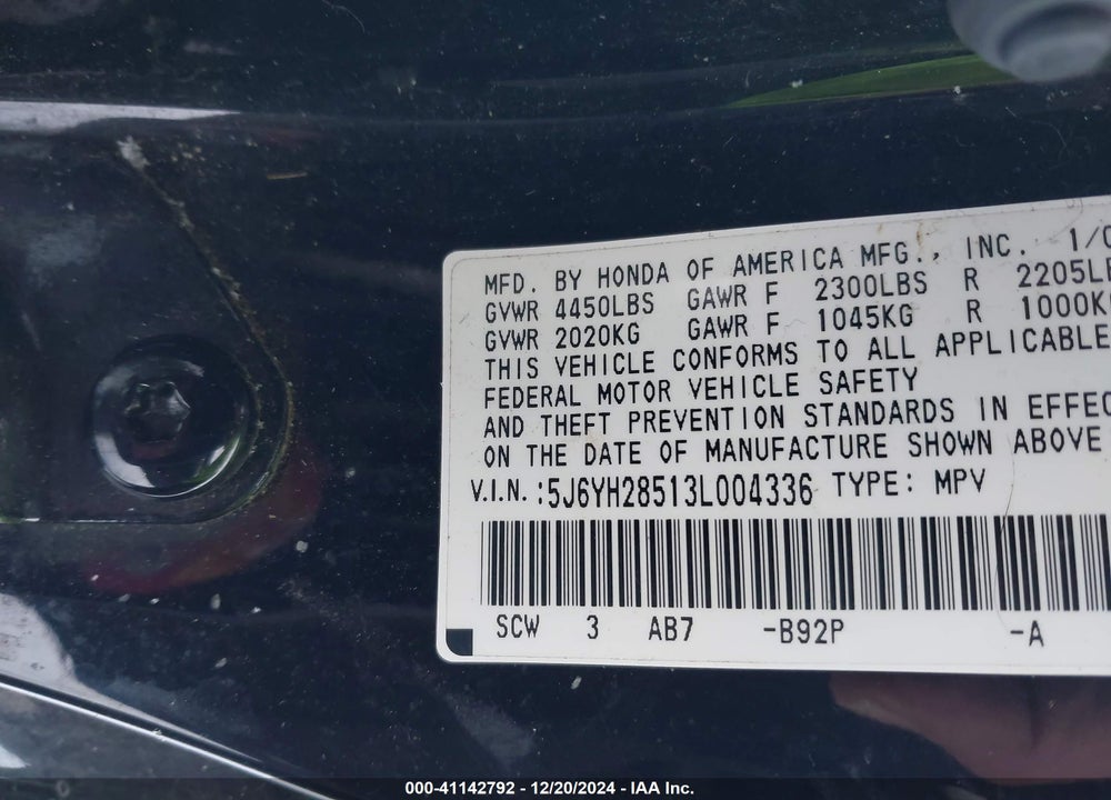 2003 HONDA ELEMENT EX VIN: 5J6YH28513L004336
