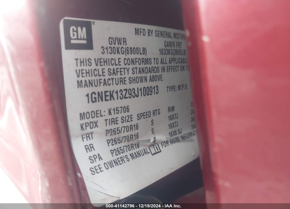 2003 CHEVROLET TAHOE LT VIN: 1GNEK13Z93J100913