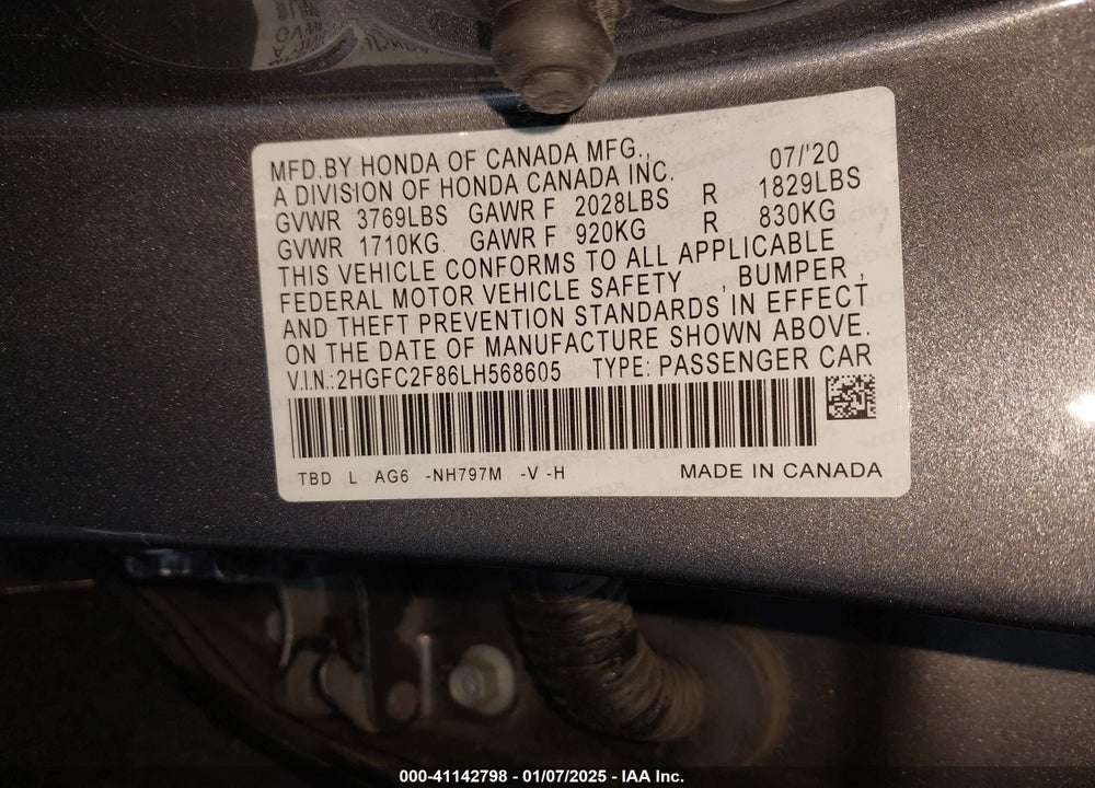 2020 HONDA CIVIC SPORT VIN: 2HGFC2F86LH568605