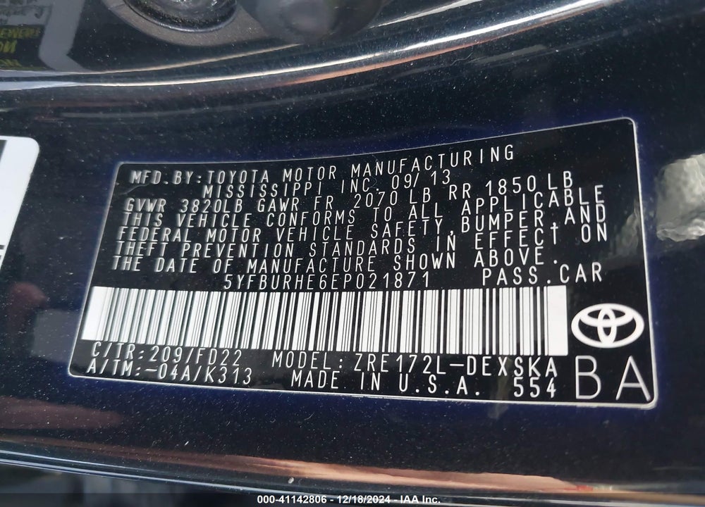 2014 TOYOTA COROLLA L/LE/LE PLS/PRM/S/S PLS VIN: 5YFBURHE6EP021871