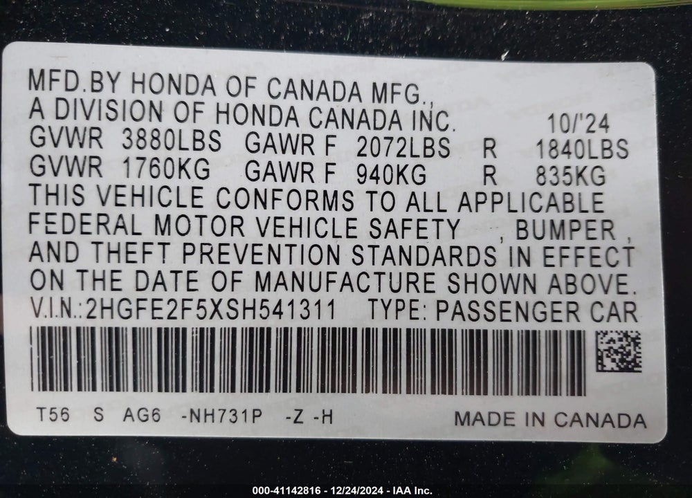 2025 HONDA CIVIC VIN: 2HGFE2F5XSH541311