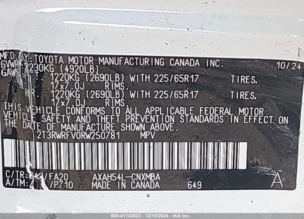 2024 TOYOTA RAV4 HYBRID XLE VIN: 2T3RWRFV0RW250781