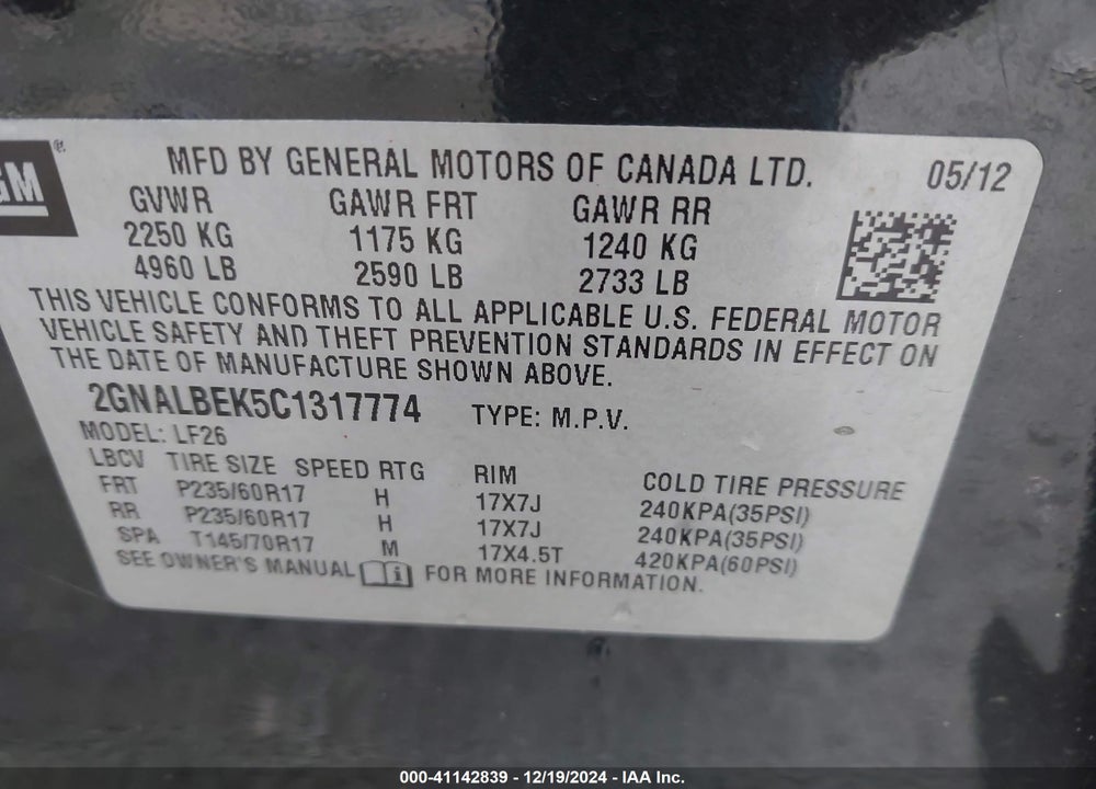 2012 CHEVROLET EQUINOX LS VIN: 2GNALBEK5C1317774