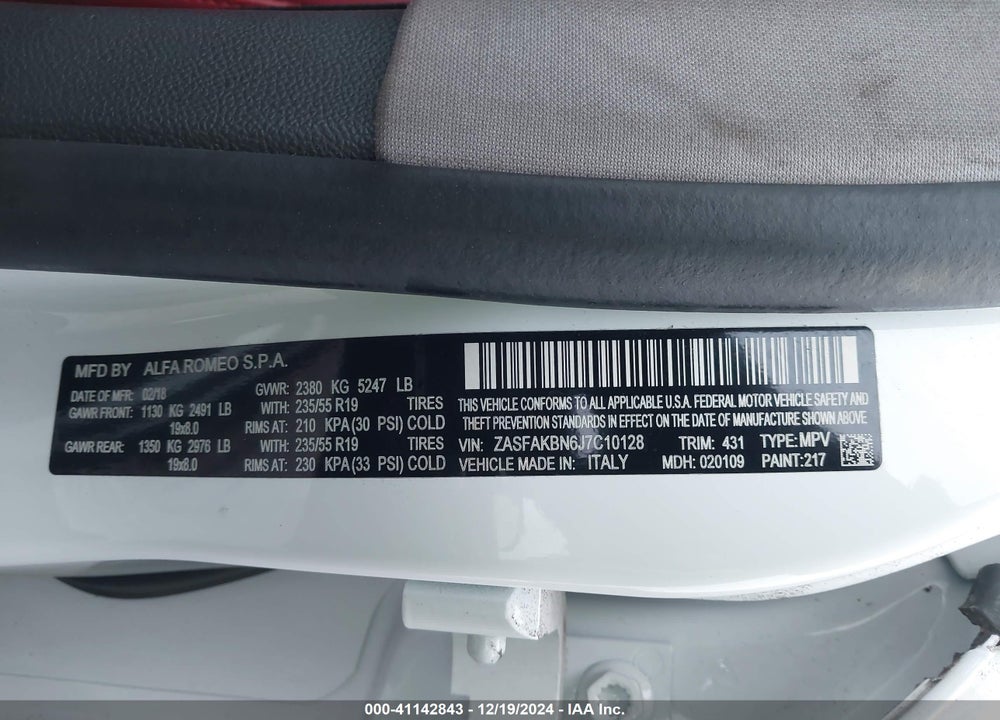2018 ALFA ROMEO STELVIO TI AWD VIN: ZASFAKBN6J7C10128