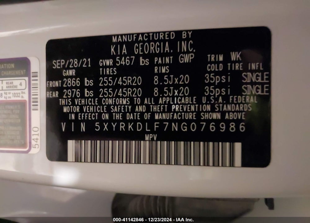 2022 KIA SORENTO VIN: 5XYRKDLF7NG076986