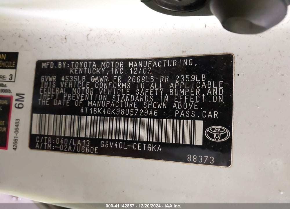2008 TOYOTA CAMRY VIN: 4T1BK46K98U572946
