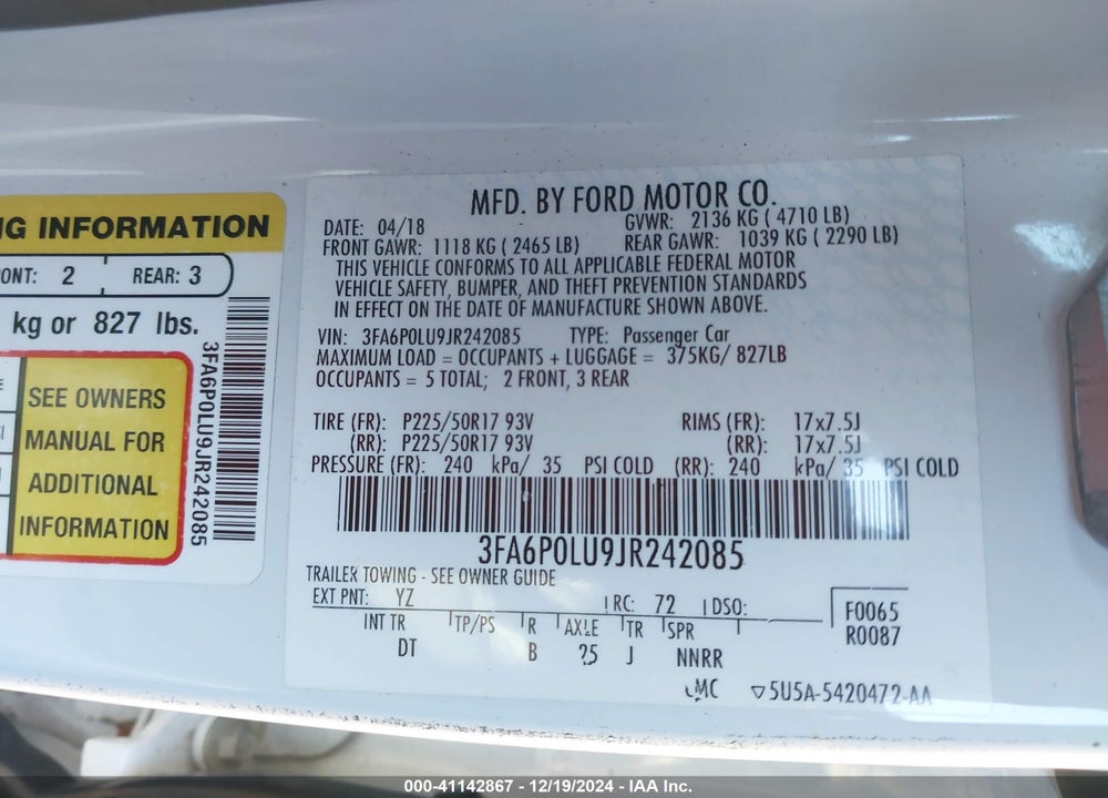 2018 FORD FUSION HYBRID SE VIN: 3FA6P0LU9JR242085