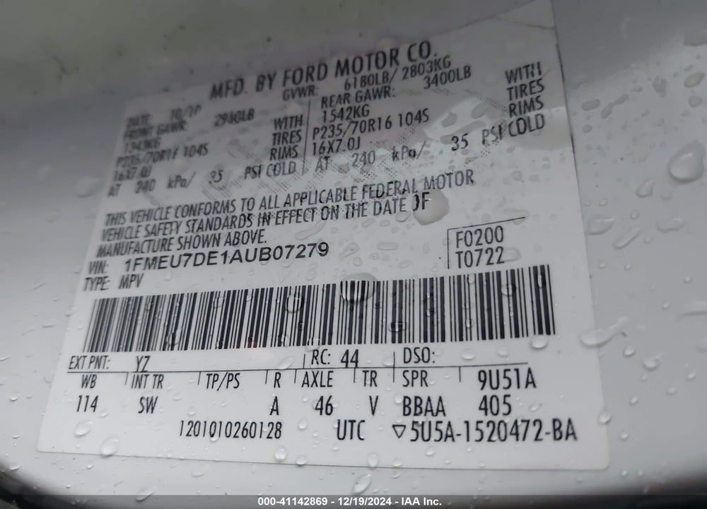 2010 FORD EXPLORER XLT VIN: 1FMEU7DE1AUB07279