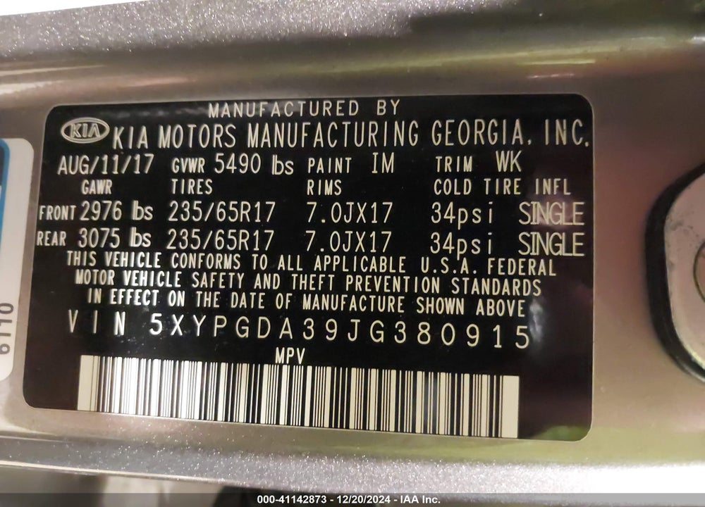 2018 KIA SORENTO 2.4L LX VIN: 5XYPGDA39JG380915