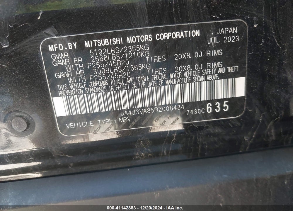 2024 MITSUBISHI OUTLANDER VIN: JA4J3VA85RZ008434