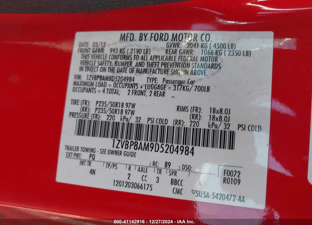 2013 FORD MUSTANG V6 PREMIUM VIN: 1ZVBP8AM9D5204984