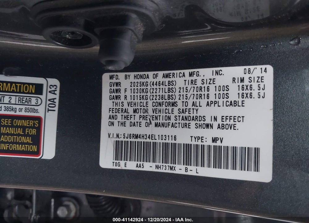 2014 HONDA CR-V LX VIN: 5J6RM4H34EL103116