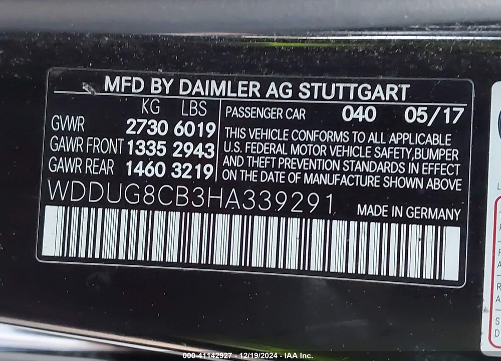 2017 MERCEDES-BENZ S 550 VIN: WDDUG8CB3HA339291