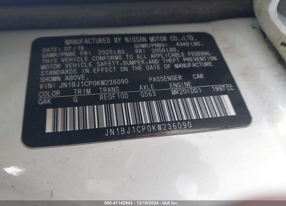 2019 NISSAN ROGUE SPORT S VIN: JN1BJ1CP0KW236090