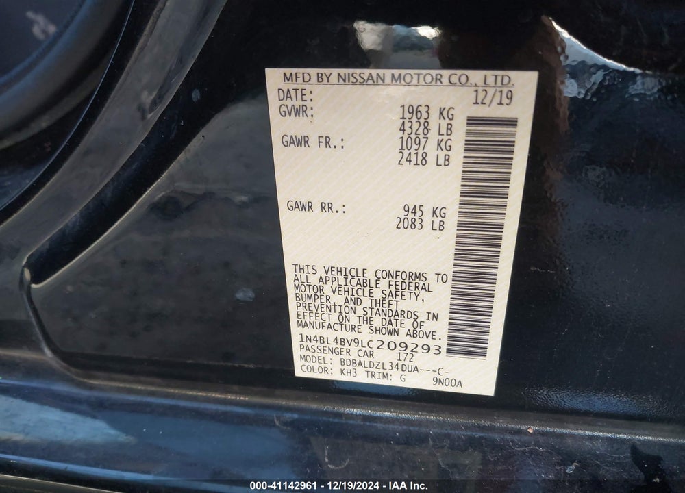 2020 NISSAN ALTIMA VIN: 1N4BL4BV9LC209293