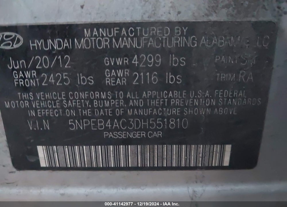 2013 HYUNDAI SONATA GLS VIN: 5NPEB4AC3DH551810