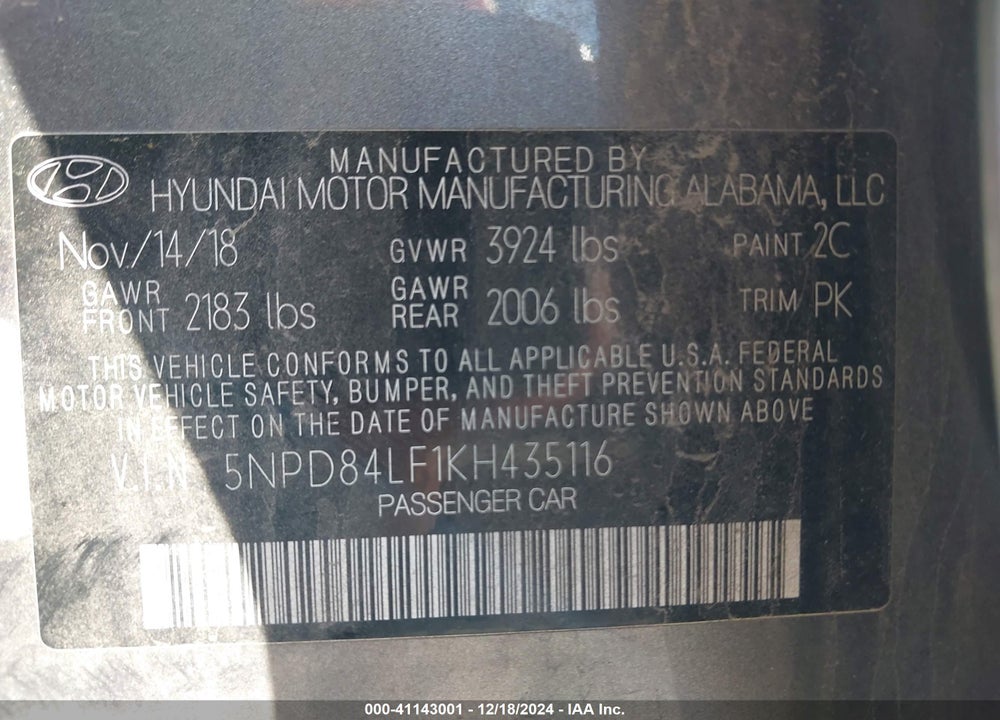 2019 HYUNDAI ELANTRA VIN: 5NPD84LF1KH435116