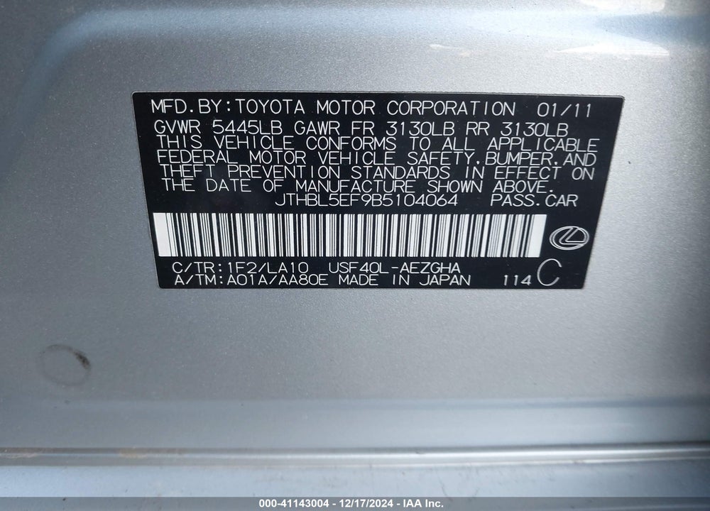 2011 LEXUS LS 460 VIN: JTHBL5EF9B5104064