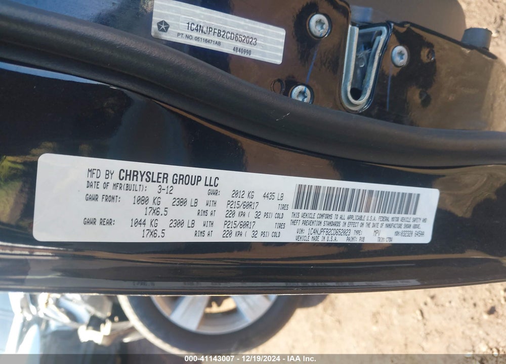 2012 JEEP PATRIOT LATITUDE VIN: 1C4NJPFB2CD652023