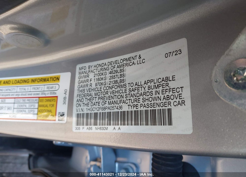 2023 HONDA ACCORD HYBRID EX-L VIN: 1HGCY2F68PA057436