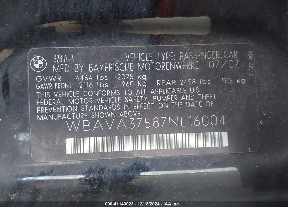 2007 BMW 328I VIN: WBAVA37587NL16004