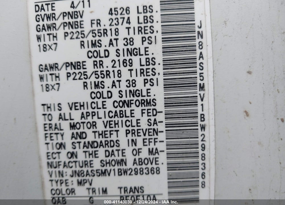 2011 NISSAN ROGUE SV VIN: JN8AS5MV1BW298368