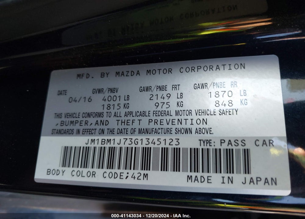 2016 MAZDA 3 I SPORT VIN: JM1BM1J73G1345123
