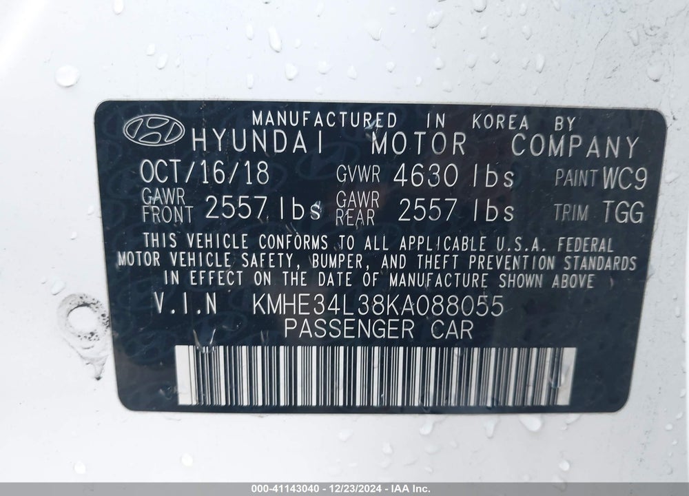 2019 HYUNDAI SONATA HYBRID LIMITED VIN: KMHE34L38KA088055