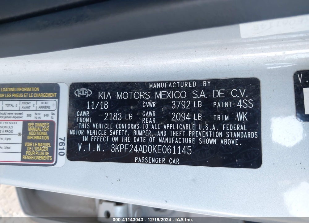 2019 KIA FORTE VIN: 3KPF24AD0KE061145
