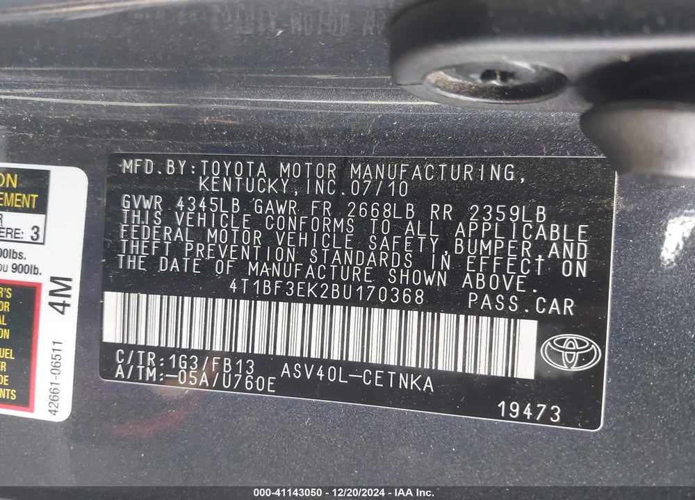 2011 TOYOTA CAMRY LE VIN: 4T1BF3EK2BU170368