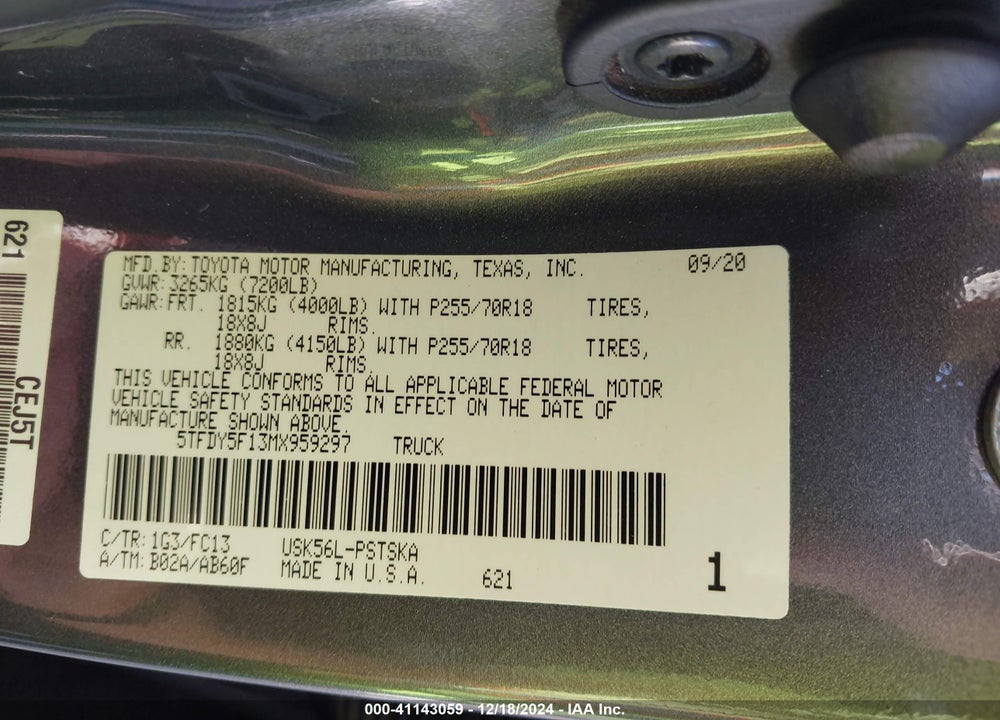 2021 TOYOTA TUNDRA VIN: 5TFDY5F13MX959297