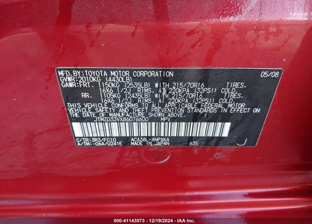 2008 TOYOTA RAV4 VIN: JTMZD33VX86076600