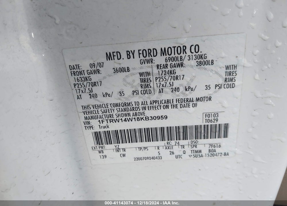 2008 FORD F150 SUPERCREW VIN: 1FTRW14W18KB30959