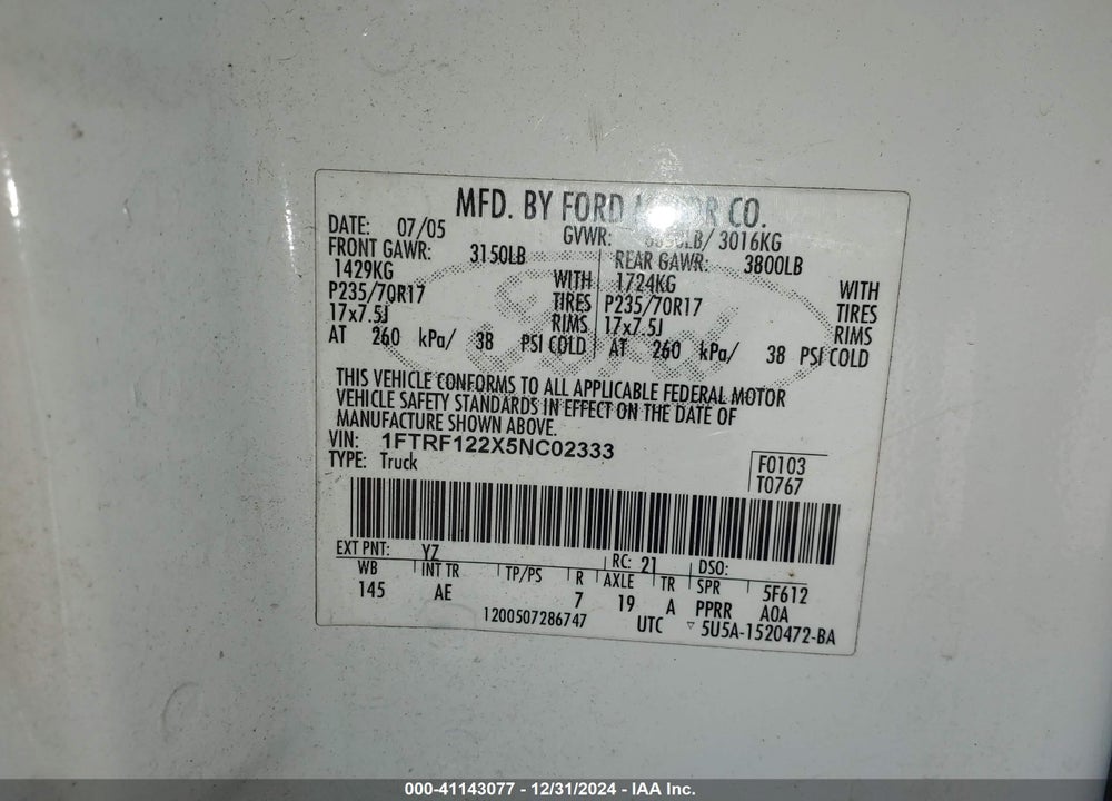 2005 FORD F150 VIN: 1FTRF122X5NC02333