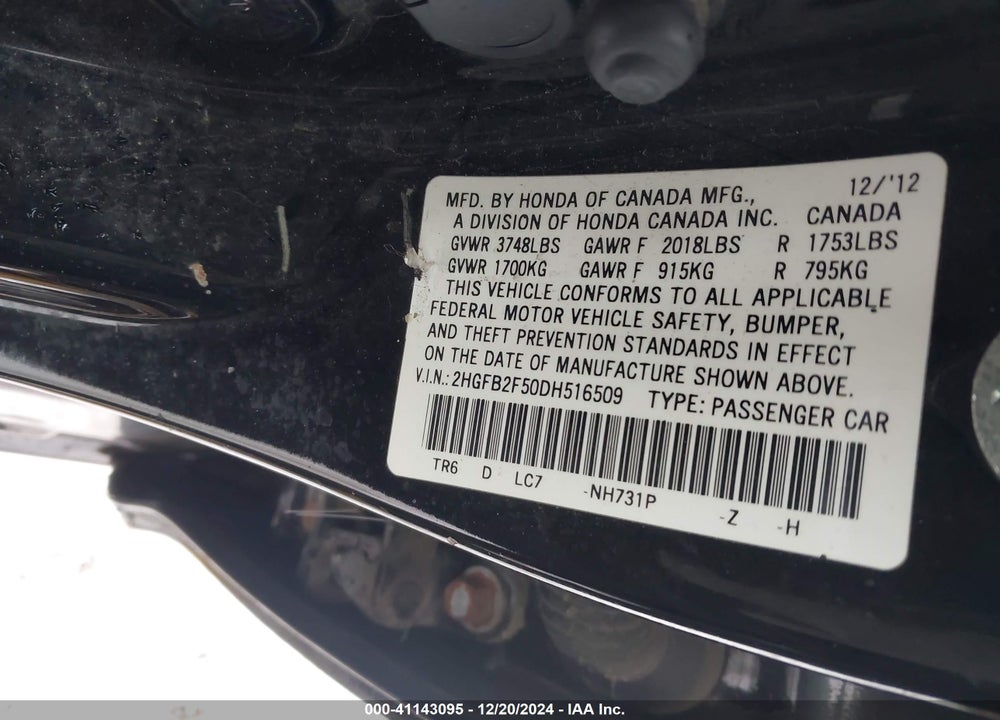 2013 HONDA CIVIC LX VIN: 2HGFB2F50DH516509
