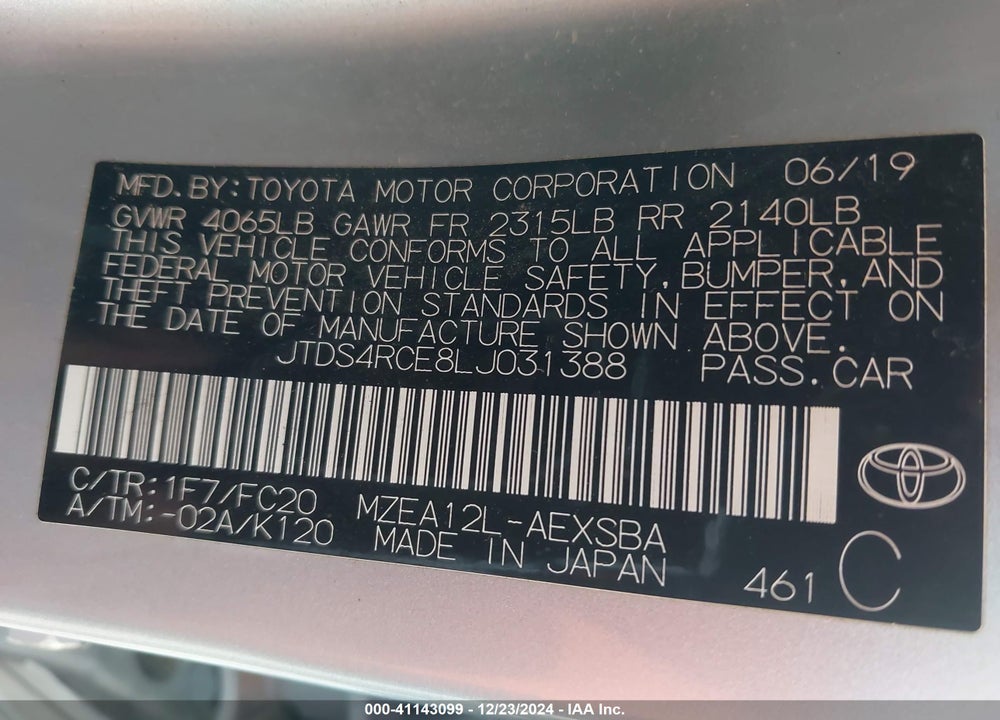 2020 TOYOTA COROLLA SE VIN: JTDS4RCE8LJ031388